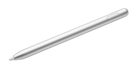 A sleek silver digital stylus pen with a single button on a white background. Isolated transparent background (cut-out PNG file). Topics: technology, electronics, writing, drawing, digital, office.
