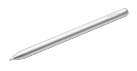 A sleek silver digital stylus pen with a single button on a white background. Isolated transparent background (cut-out PNG file). Topics: technology, electronics, writing, drawing, digital, office.