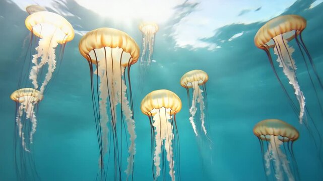 Group of golden jellyfish drifting gracefully under the ocean surface with sunlight streaming through the water.