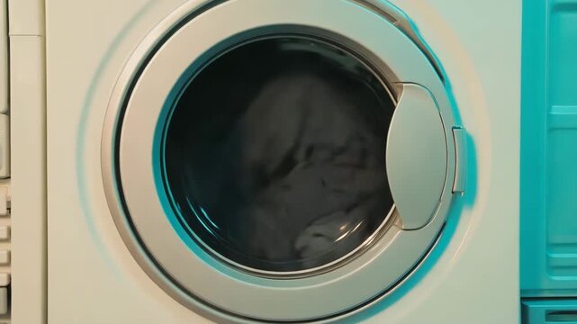 Black and dark-colored clothes spinning inside a washing machine drum during the laundry process.