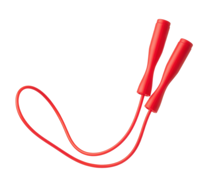 A bright red skipping rope with ergonomic handles for fitness on a white background. Isolated transparent background (cut-out PNG file). Topics: fitness, exercise, sport, cardio, training, health.