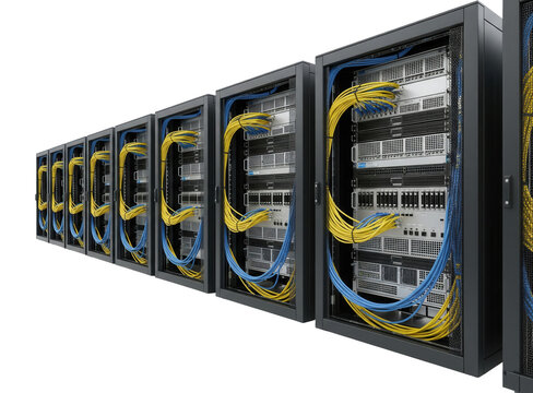 A row of black server racks with yellow and blue network cables on a white. Isolated transparent background (cut-out PNG file). Topics: technology, data center, network, IT, electronics, computing.