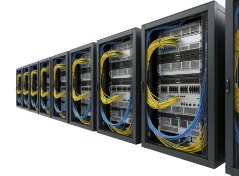 A row of black server racks with yellow and blue network cables on a white. Isolated transparent background (cut-out PNG file). Topics: technology, data center, network, IT, electronics, computing.