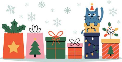 Cartoon Christmas Gifts with Blue Cat and Joyful Holiday Message Against White Background
