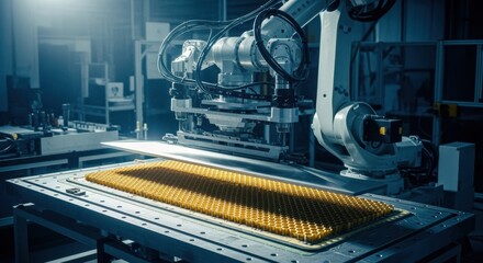 Industrial robotic bonding process applying uniform pressure on honeycomb core panels during aerospace composite fabrication.