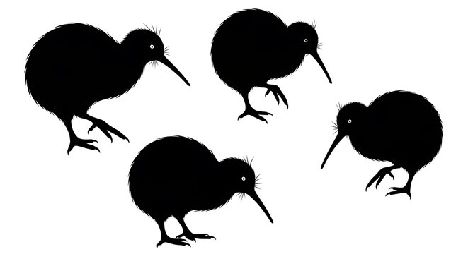 Four black silhouette kiwi birds standing and walking isolated on white background - Powered by Adobe