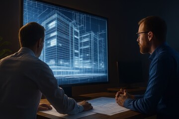 Architectural Design Team Reviewing 3D Building Model on Computer Screen at Night
