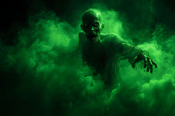 Eerie green mist envelops a zombie figure reaching out, creating a haunting atmosphere