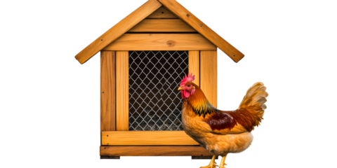 Rooster standing next to wooden coop on a white background