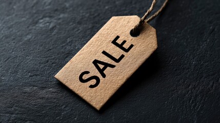 Brown cardboard sale tag on a textured black surface with a visible brown string