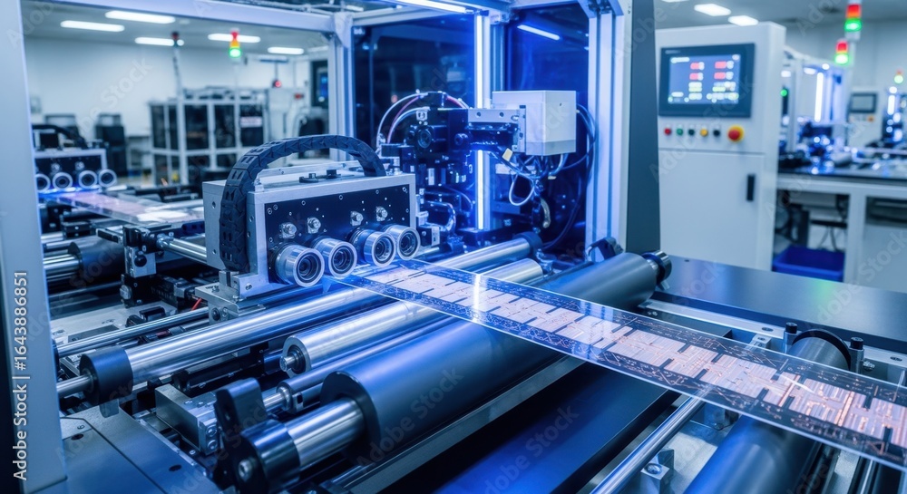 Poster industrial environment showing synchronized rollers guiding flexible circuit material through rollto