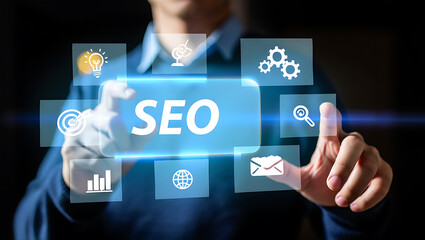 Person interacting with digital seo interface technology business