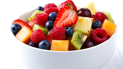 Close up of a white bowl filled with colorful fresh fruit salad including strawberries blueberries raspberries kiwi melon and grapes