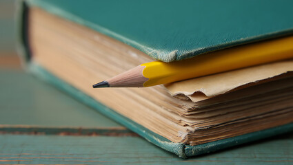 Teal book yellow pencil aged paper pages writing reading