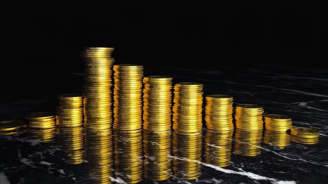 Shiny stacks of golden coins reflecting light against a black backdrop, symbolizing wealth, finance, investment, and economic growth.