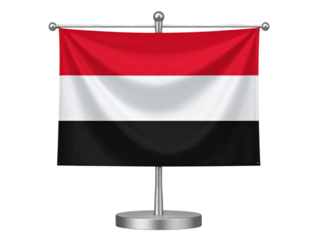 Yemen flag on silver pole with soft drop shadow, isolated on a transparent background PNG