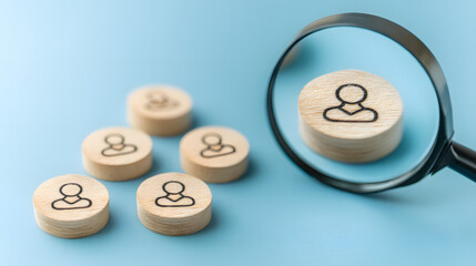 Conceptual photo of six round wooden tokens with simple human icons on light blue background, one token magnified through handheld magnifying glass, recruitment and candidate selection concept