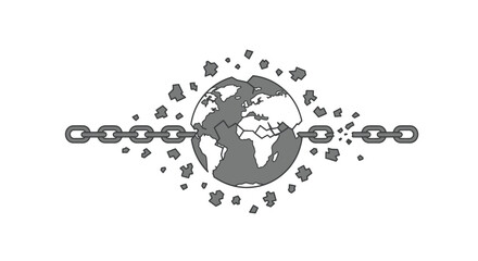 Fototapeta premium A chained Earth breaking free into puzzle pieces, symbolizing breaking global constraints.