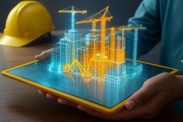 Digital Architecture: Construction Project on Tablet with Yellow Hard Hat in the Background