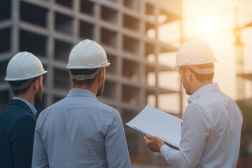 Construction Engineers Inspecting Building Project Plans at Sunset with Safety Gear and White Hard Hats