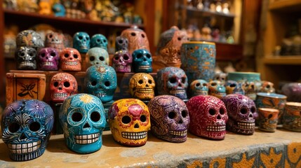 Fototapeta premium Colorful ceramic skull figurines sit on a decorated shelf arranged in rows at a shop