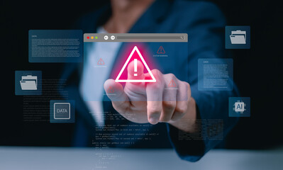 Concept of AI technology scam or cyber security warning concept, Man hand showing warning about using AI technology to access personal data or internet threats with virtual infographic