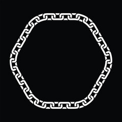Minimalist black-and-white graphic of a white chain forming a perfect hexagon on a black background. Simple, geometric design with clean lines, no shading, and a flat, abstract style.