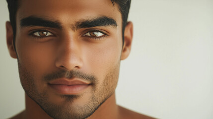 Naklejka premium Portrait of a young male indian model, age 25, attractive man, publicity poster for skin care. Copy space available. gray background.