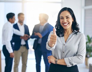 Successful businesswoman giving thumbs up with team in the background at work