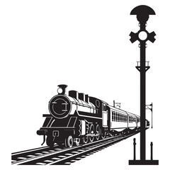 Vector art of silhouette of a vintage steam train and a railway signal on tracks, black and white illustration