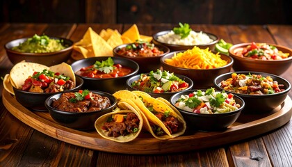 Assorted Mexican dishes on a wooden platter (1)