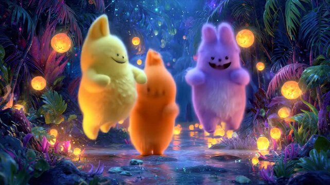 Animated cute cartoon jump and dance joyfully in a whimsical night