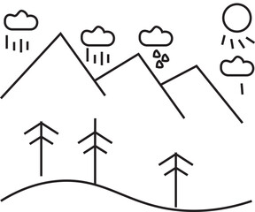 Nature Icon with Mountains, Tree, and Clouds – Minimalist Outline and Filled Style Vector Illustration"
