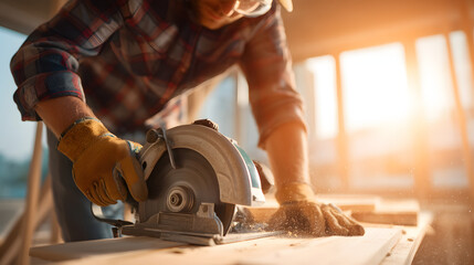 Caucasian construction contractor operating a cordless circular saw, cutting plywood indoors, wearing protective gloves and plaid shirt, safety glasses, dynamic low-angle close-up,