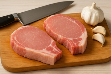Raw Pork Chops on Wooden Cutting Board with Garlic Cloves and Chef&rsquo;s Knife. Fresh Meat Preparation