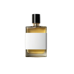 Rectangular glass perfume bottle with blank label.