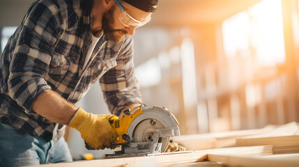 Caucasian construction contractor operating a cordless circular saw, cutting plywood indoors, wearing protective gloves and plaid shirt, safety glasses, dynamic low-angle close-up,