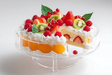 Deliciously fresh fruit cake adorned with cream, strawberries, kiwi, raspberries, and peaches, perfect for celebrations.