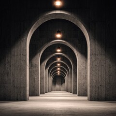 Obraz premium Dark, arched concrete tunnel, illuminated by warm lights