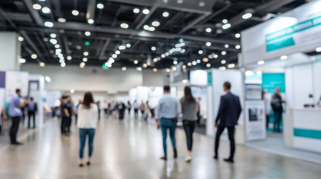Wideangle blurred view of busy exhibition hall with glowing lights, informational booths, and visitors engaging in a modern event space, ideal for conferences and industry expos