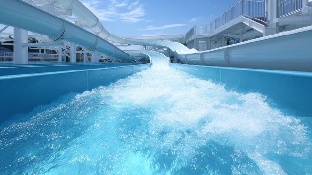 A thrilling water slide waiting for adventure seekers. Bright blue water splashes down the slide. Enjoy the excitement and joy of summer fun. Perfect for family outings by the pool. AI