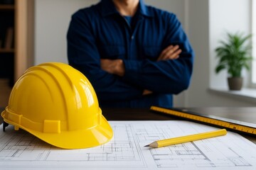 Ready to Build: Architect's Design Review with Blueprint, Hard Hat and Relaxed Posture