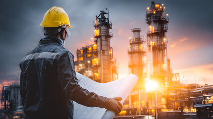Double exposure of a male engineer holding a rolled blueprint in one hand and a yellow safety helmet in the other, overlaid with a large oil refinery and industrial plant, tall distillation towers