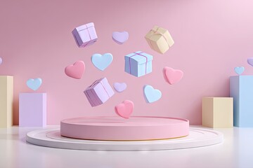 Pastel pink studio scene with floating gifts and hearts, atop a circular platform, surrounded by pastel geometric shapes