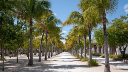 Fototapeta premium Palm Tree-Lined Pathway In Tropical Resort. Serene Vacation Destination With Lush Greenery
