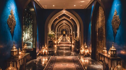 Fototapeta premium A luxurious, ornate hallway with warm lighting and detailed decor.