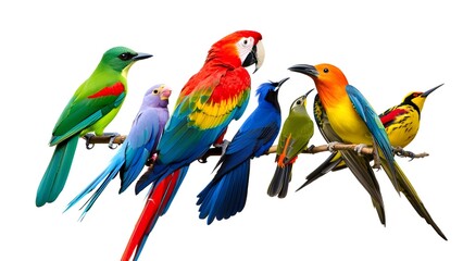 Obraz premium Vibrant Tropical Birds Perched on a Branch Displaying Their Beautiful Plumage