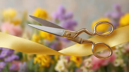 Golden Scissors Cutting Yellow Ribbon With Floral Background. Symbol Of Grand Opening Or Celebration Event