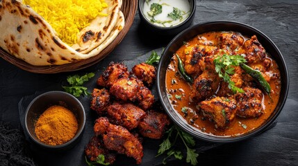 Fototapeta premium Indian cuisine chicken curry naan bread yellow rice spices and raita on a dark surface