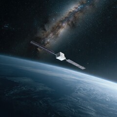 Satellite orbiting Earth, Milky Way visible